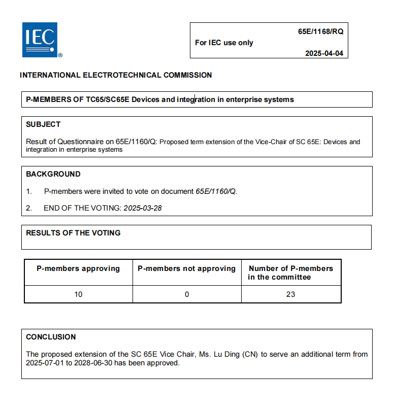 Chinese expert successfully re-elected as vice chairman of IEC/SC65E